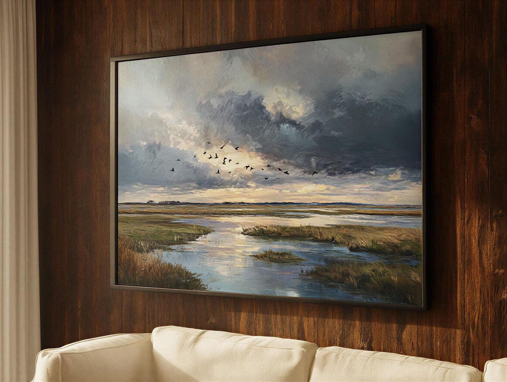 a large painting of a serene landscape with a river, grassy banks, and a flock of birds flying in the sky.