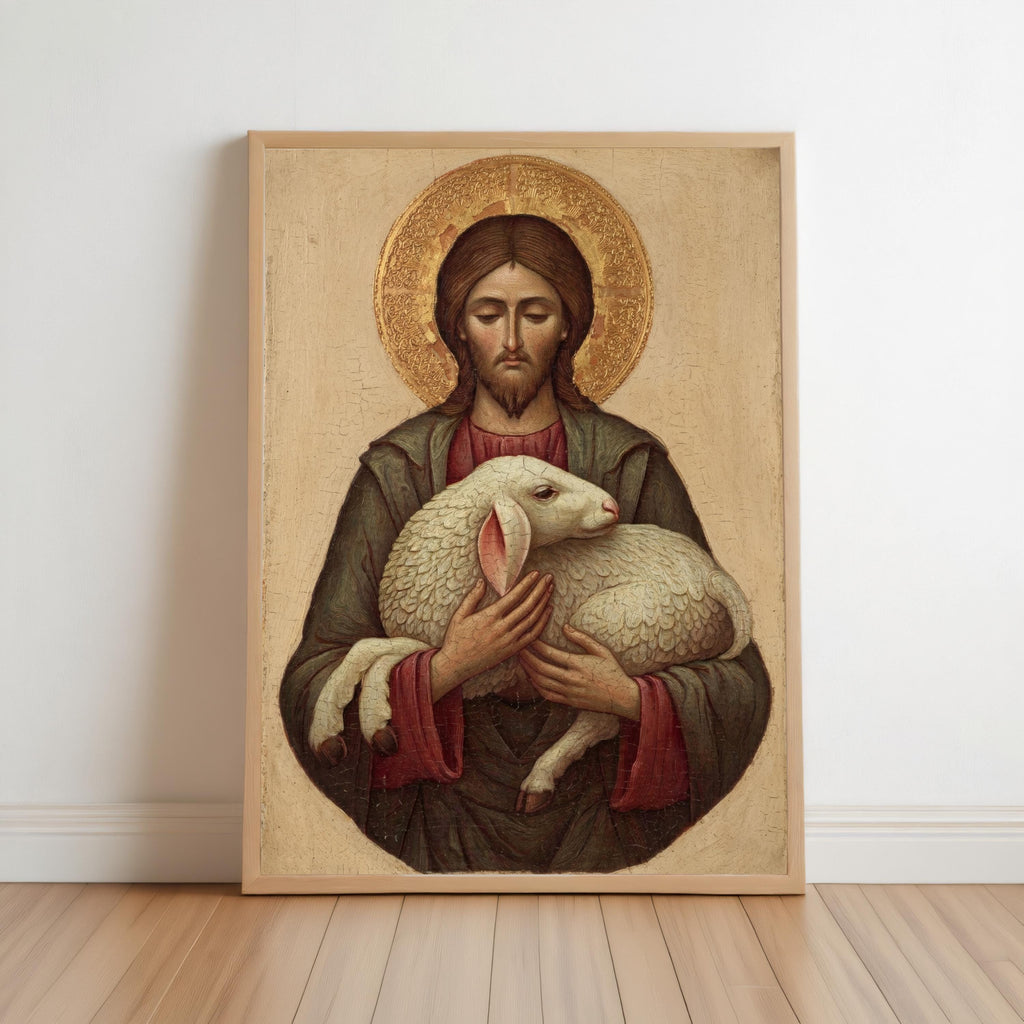 a religious scene with a bearded man wearing a green robe and holding a lamb.