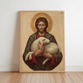 a religious scene with a bearded man wearing a green robe and holding a lamb.