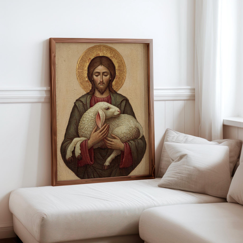 a religious painting of Jesus Christ holding a lamb, displayed on a wall in a living room setting.