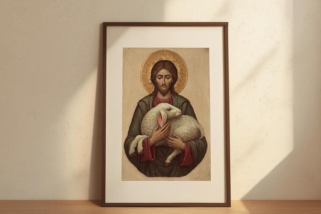 The image is a framed painting depicting a religious scene with a bearded figure holding a lamb.