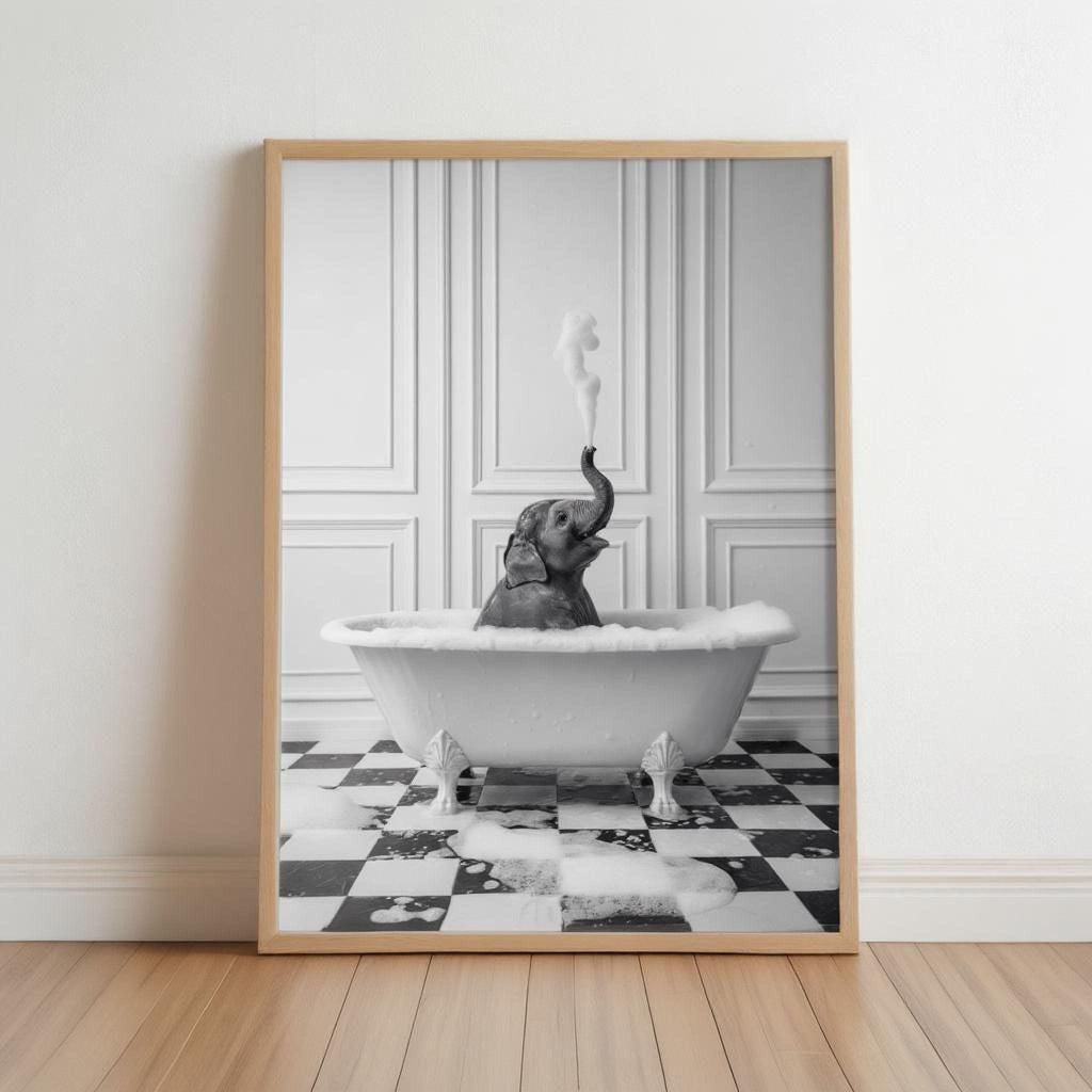 A black and white photograph of an elephant sitting in a bathtub, with its trunk raised in the air.