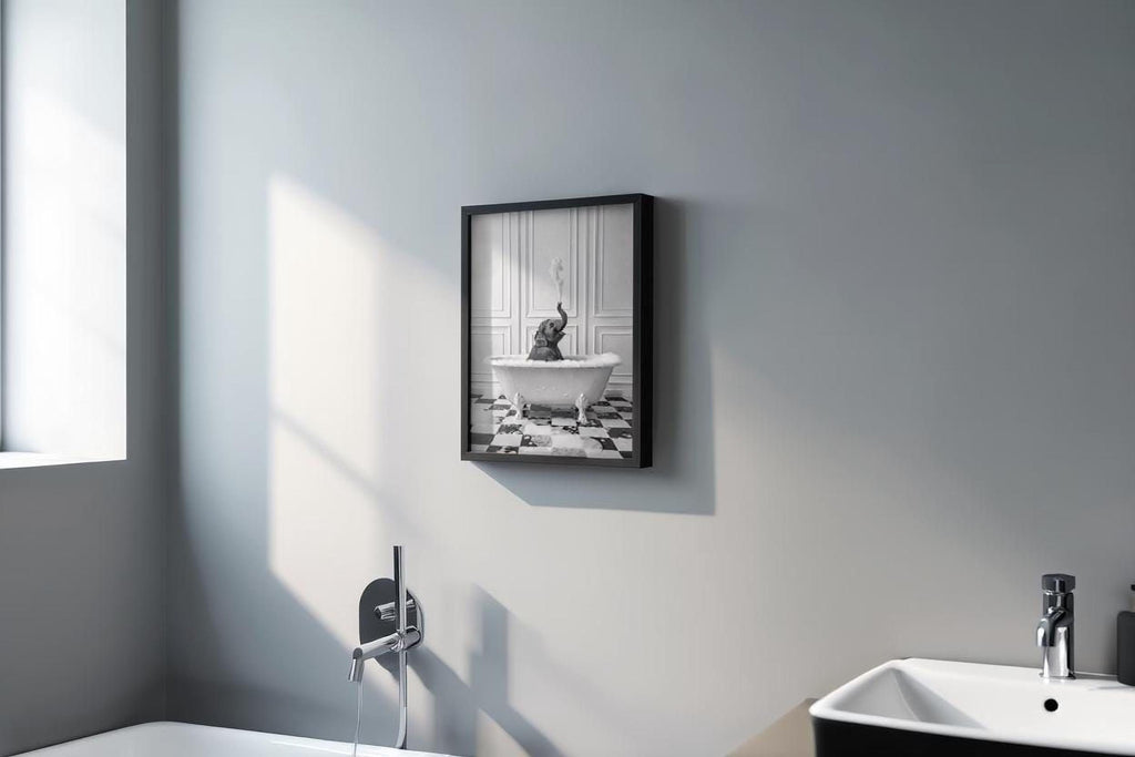 a bathroom with a framed black and white photograph of a person sitting in a bathtub, surrounded by a checkered floor and a window.