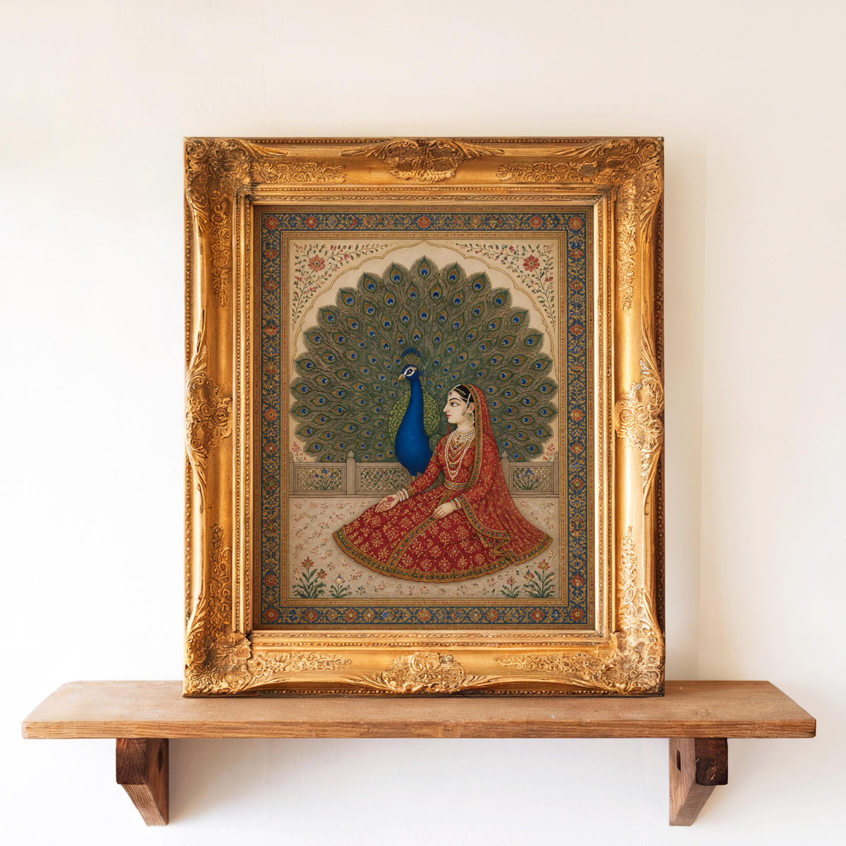 Vintage Mughal Print, South Asian Wall Decor, Floral Indian Princess Painting, Peacock Bird Ethnic Folk Art Gift, Exotic Miniature Poster