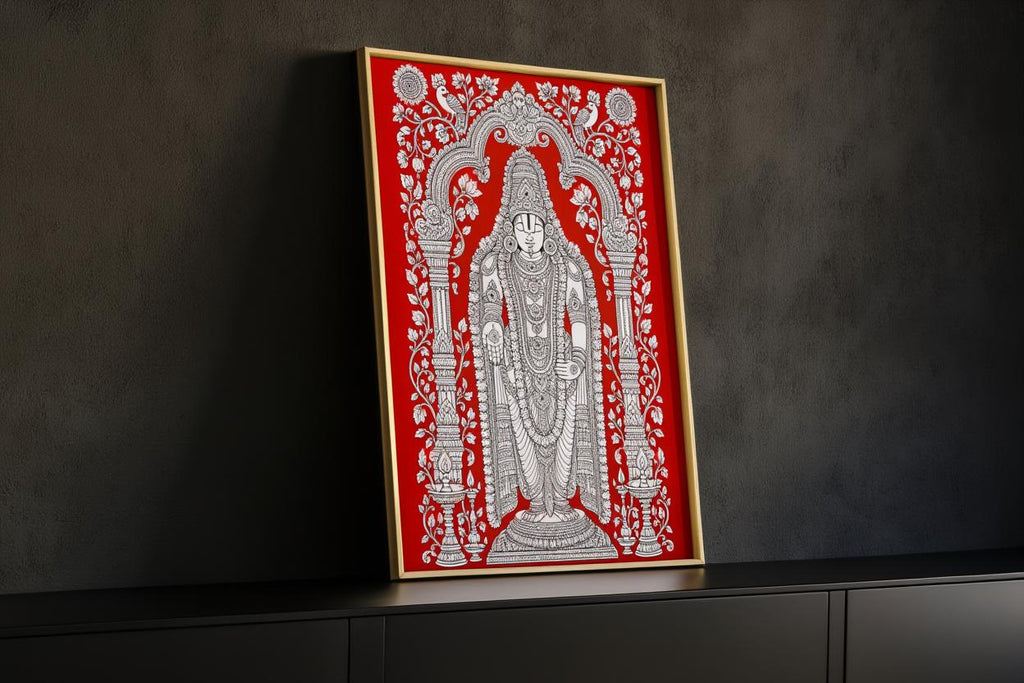 Tirupati Kalamkari Wall Art, Hindu God Venkateswara Print, Spiritual Traditional Indian Folk Art, Sacred Red & White Heritage Puja Decor