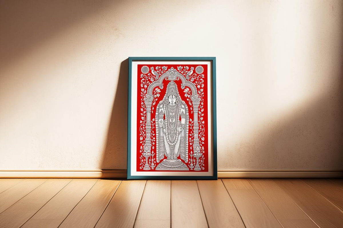 Tirupati Kalamkari Wall Art, Hindu God Venkateswara Print, Spiritual Traditional Indian Folk Art, Sacred Red & White Heritage Puja Decor