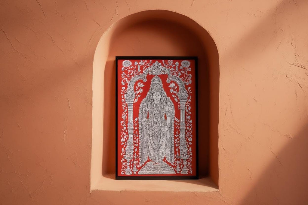 Tirupati Kalamkari Wall Art, Hindu God Venkateswara Print, Spiritual Traditional Indian Folk Art, Sacred Red & White Heritage Puja Decor