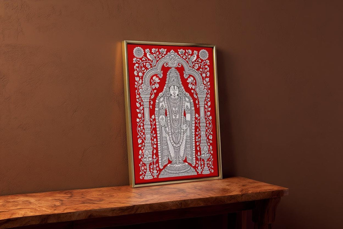 Tirupati Kalamkari Wall Art, Hindu God Venkateswara Print, Spiritual Traditional Indian Folk Art, Sacred Red & White Heritage Puja Decor