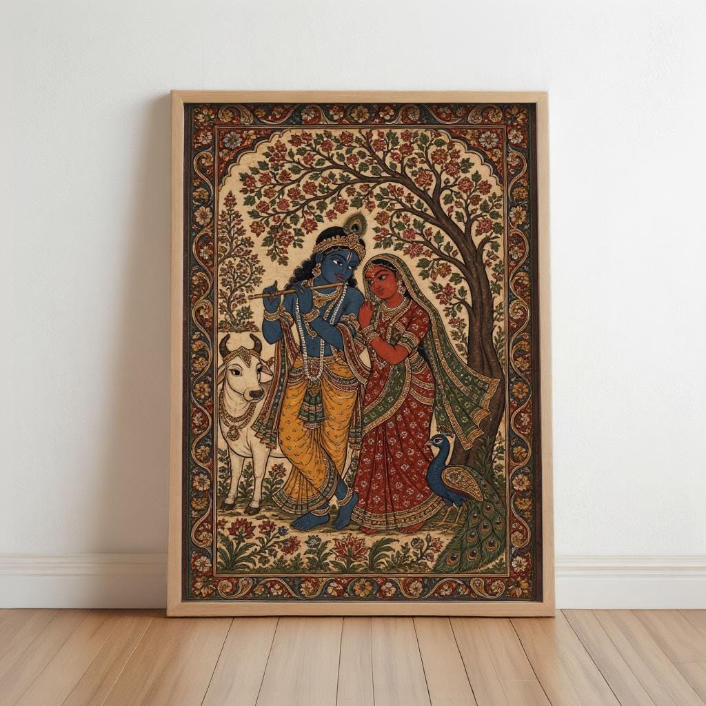 Radha Krishna Kalamkari Wall Art, Hindu God Love Painting, Indian Folk Art Print, Traditional India Home Decor, Sacred Peacock & Cow Poster