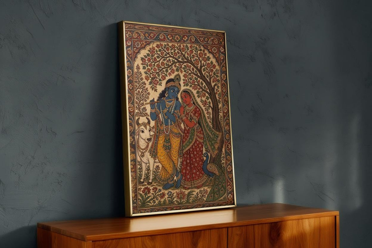 Radha Krishna Kalamkari Wall Art, Hindu God Love Painting, Indian Folk Art Print, Traditional India Home Decor, Sacred Peacock & Cow Poster