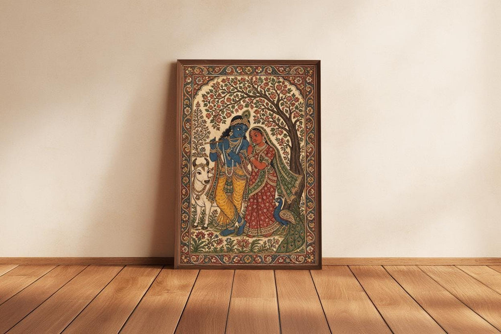 Radha Krishna Kalamkari Wall Art, Hindu God Love Painting, Indian Folk Art Print, Traditional India Home Decor, Sacred Peacock & Cow Poster