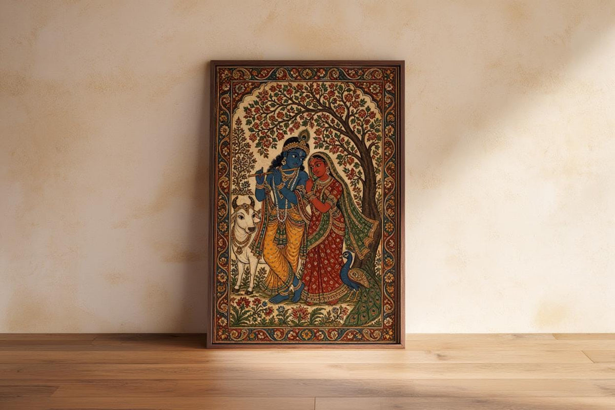 Radha Krishna Kalamkari Wall Art, Hindu God Love Painting, Indian Folk Art Print, Traditional India Home Decor, Sacred Peacock & Cow Poster