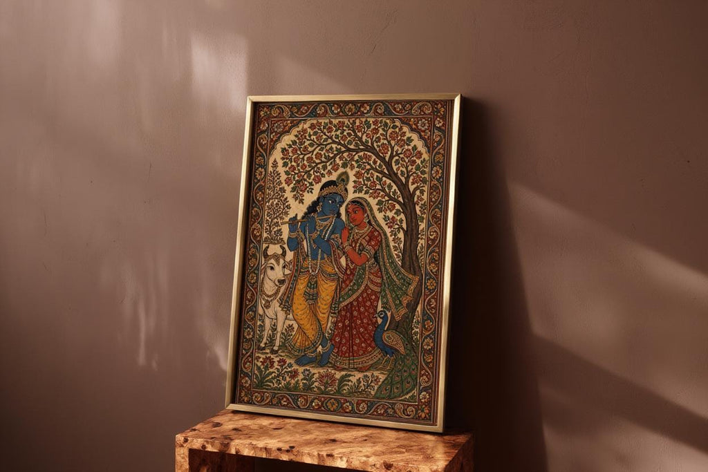 Radha Krishna Kalamkari Wall Art, Hindu God Love Painting, Indian Folk Art Print, Traditional India Home Decor, Sacred Peacock & Cow Poster