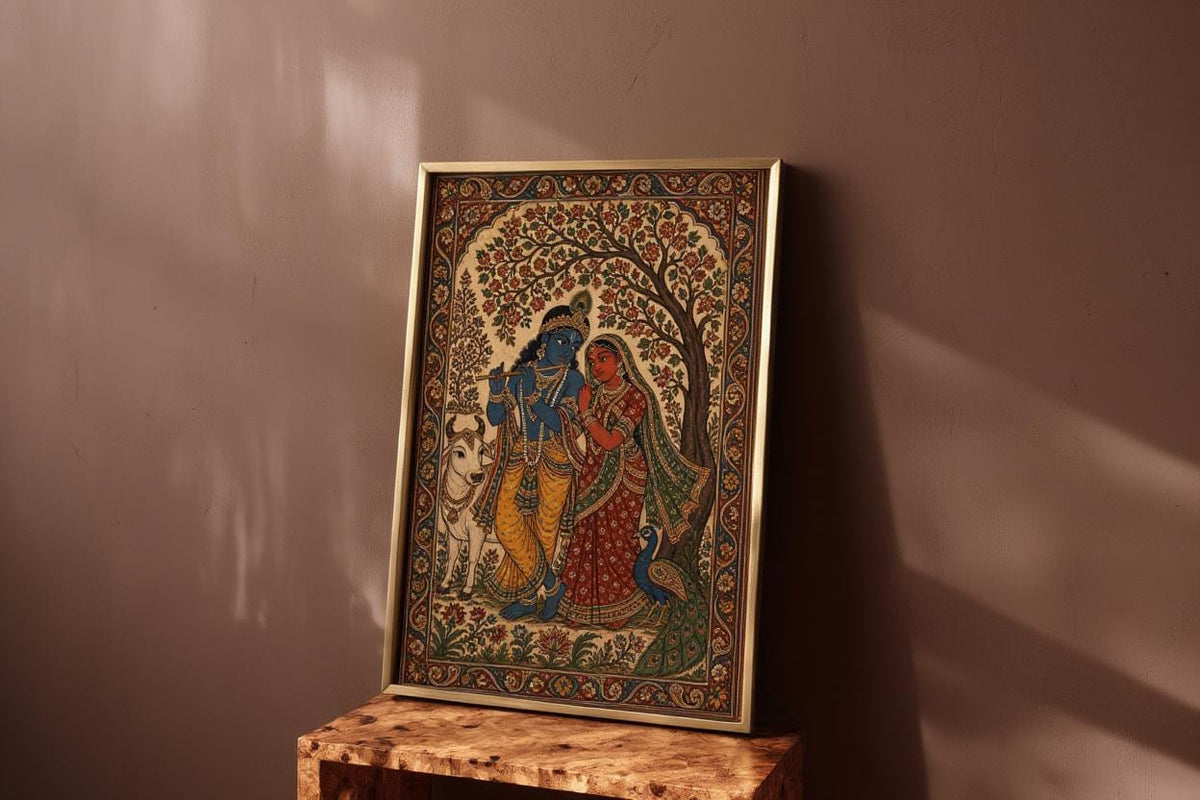 Radha Krishna Kalamkari Wall Art, Hindu God Love Painting, Indian Folk Art Print, Traditional India Home Decor, Sacred Peacock & Cow Poster