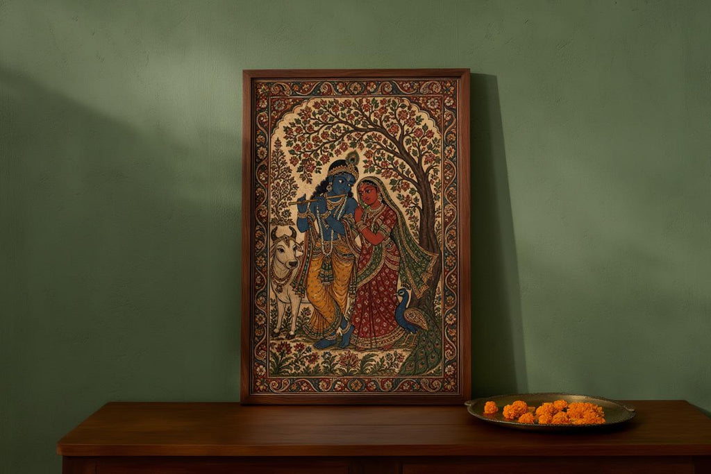 Radha Krishna Kalamkari Wall Art, Hindu God Love Painting, Indian Folk Art Print, Traditional India Home Decor, Sacred Peacock & Cow Poster