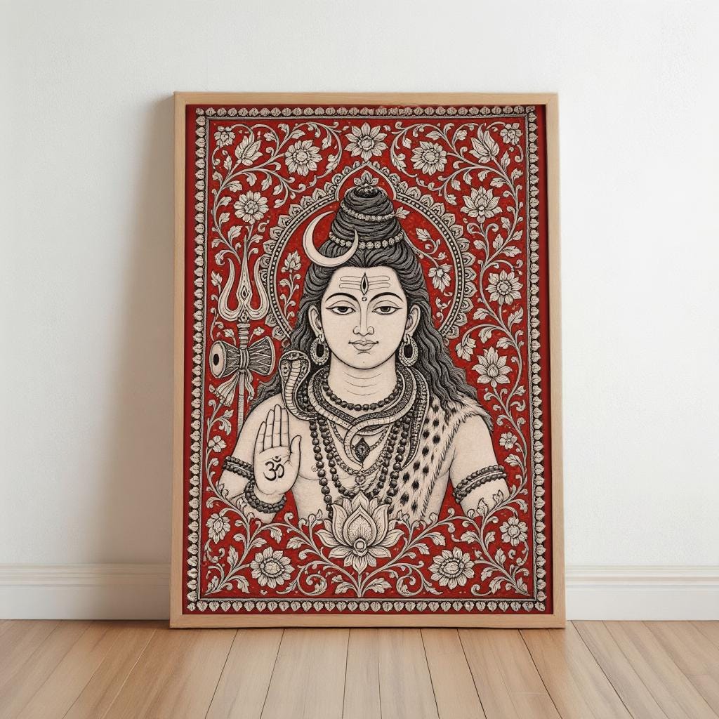 Lord Shiva Kalamkari Wall Art, Hindu God Painting, Traditional Indian Folk Art Print, Sacred Mahadev Portrait, Spiritual Yoga Studio Decor
