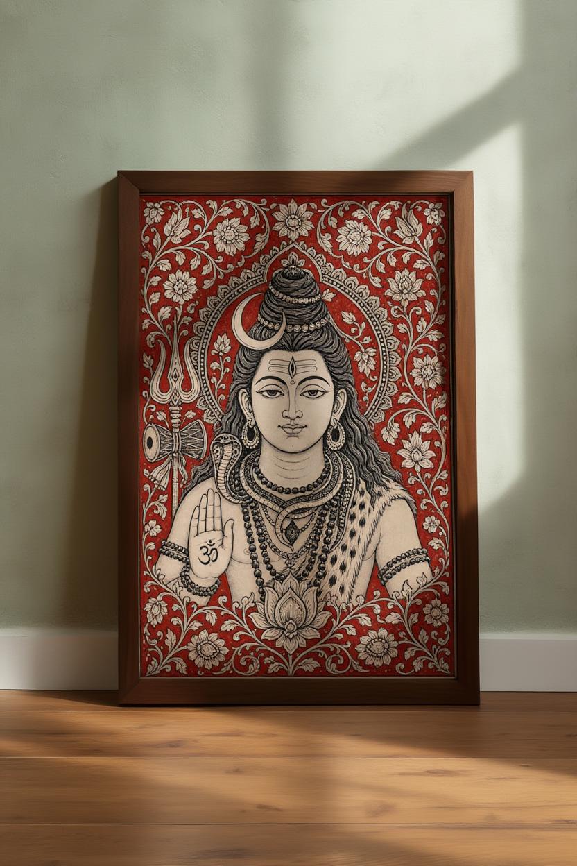 Lord Shiva Kalamkari Wall Art, Hindu God Painting, Traditional Indian Folk Art Print, Sacred Mahadev Portrait, Spiritual Yoga Studio Decor