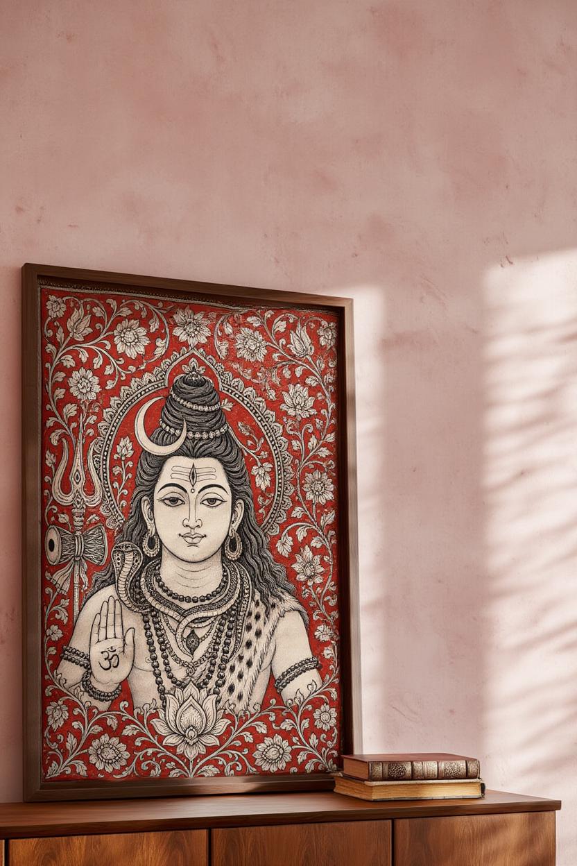 Lord Shiva Kalamkari Wall Art, Hindu God Painting, Traditional Indian Folk Art Print, Sacred Mahadev Portrait, Spiritual Yoga Studio Decor