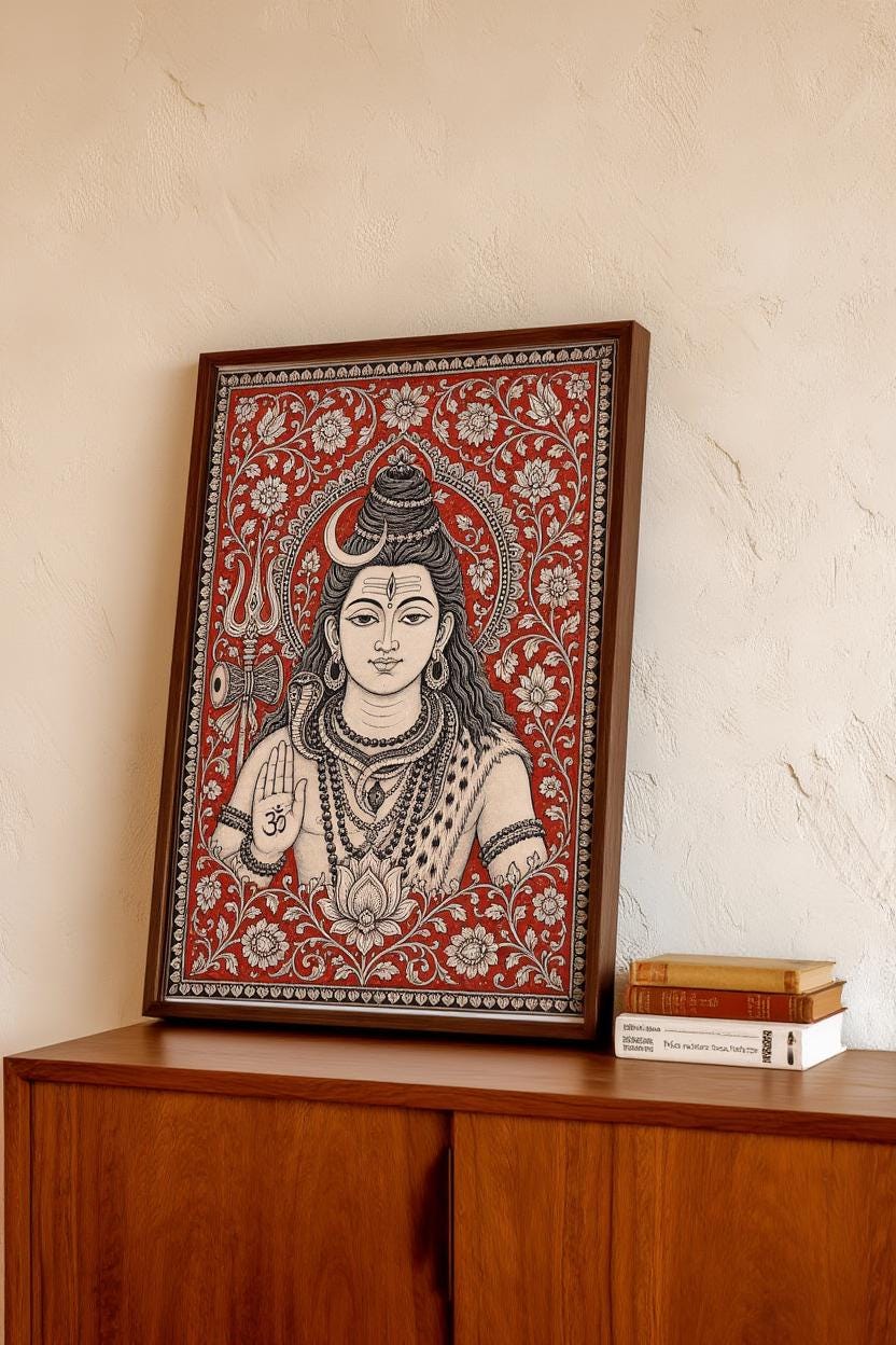 Lord Shiva Kalamkari Wall Art, Hindu God Painting, Traditional Indian Folk Art Print, Sacred Mahadev Portrait, Spiritual Yoga Studio Decor
