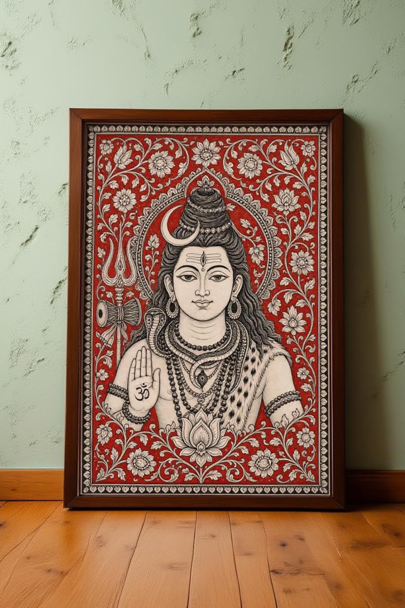Lord Shiva Kalamkari Wall Art, Hindu God Painting, Traditional Indian Folk Art Print, Sacred Mahadev Portrait, Spiritual Yoga Studio Decor