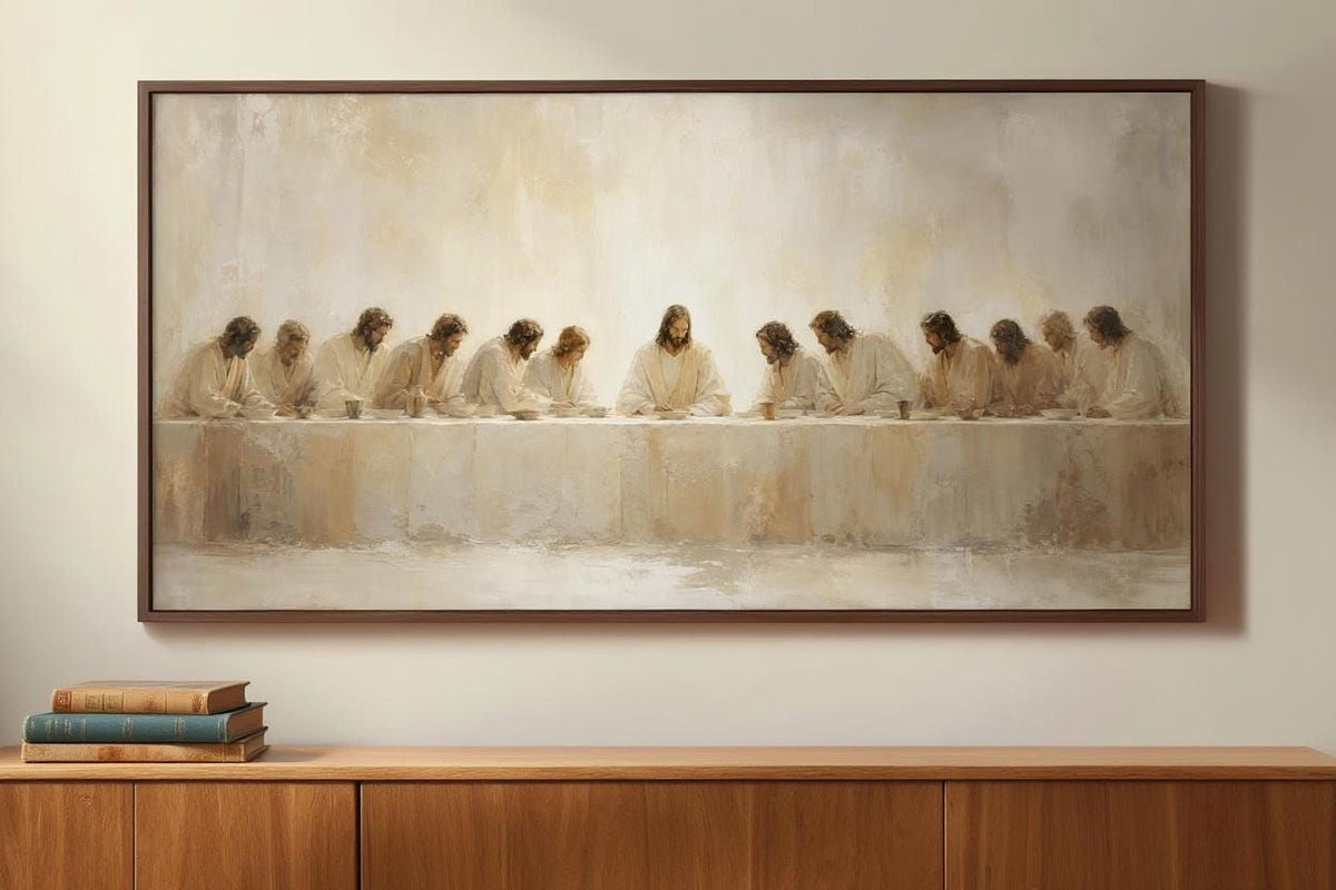 The image is a large painting depicting a religious scene with a group of people gathered around a table, possibly during a biblical event.