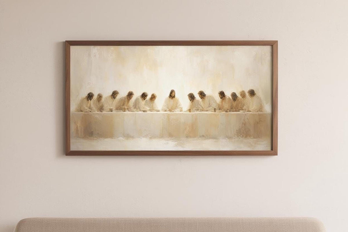 The image is a framed painting depicting a religious scene with a group of people, likely Jesus, gathered around a table.