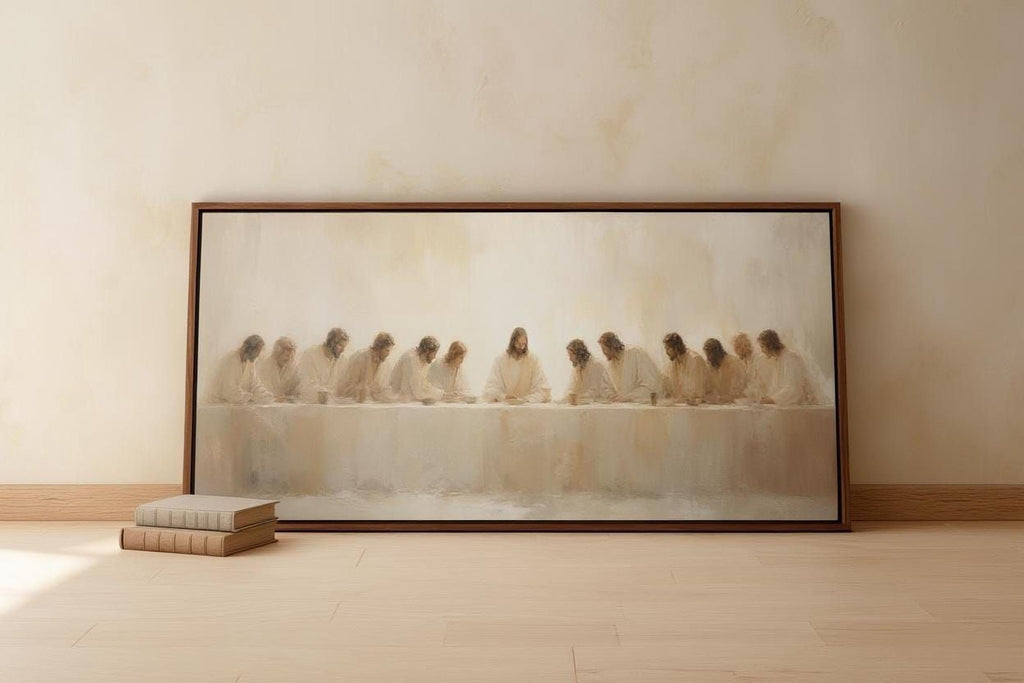 The image is a large framed painting depicting a group of people sitting at a table, with a book and a stack of books placed in front of it.