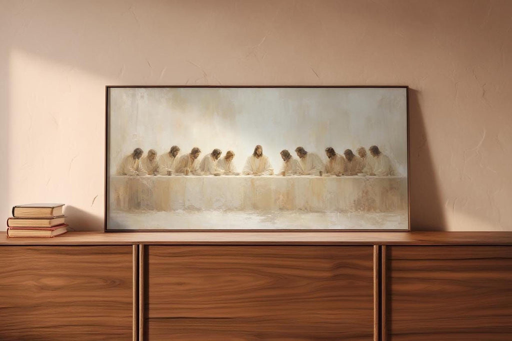 a large painting of a group of people sitting at a long table, with a book on the left side of the frame.