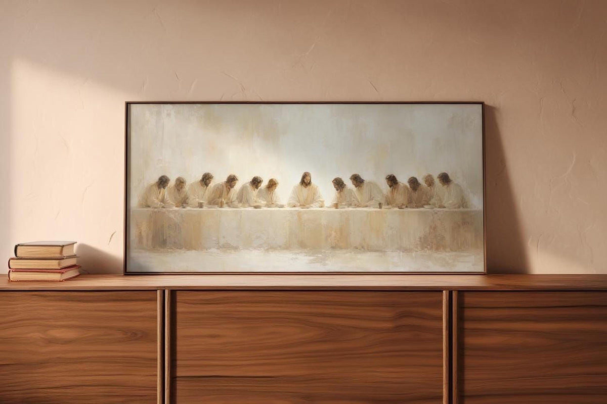 a large painting of a group of people sitting at a long table, with a book on the left side of the frame.