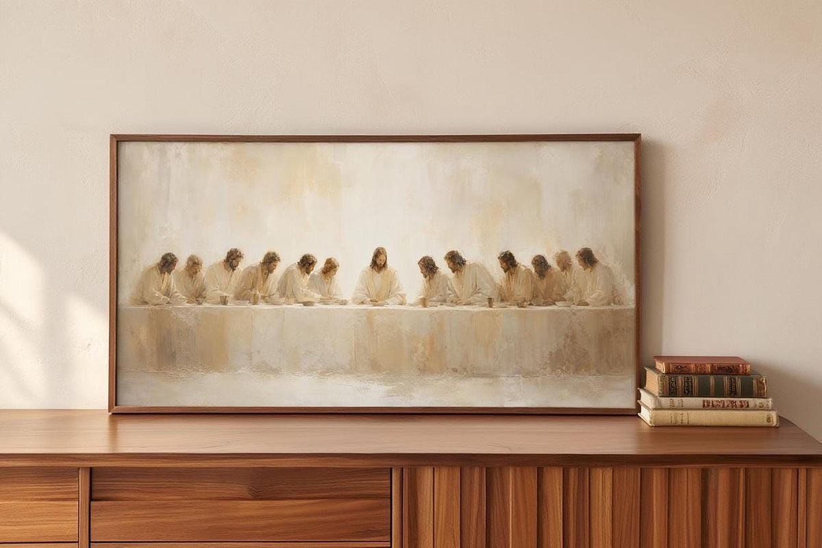 a large painting of Jesus Christ and his twelve followers, sitting at a long table, with the text "Last Supper" visible.