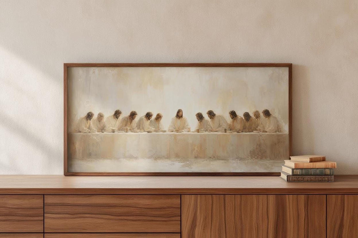 a large painting of a group of people sitting at a table, with a book on the side.
