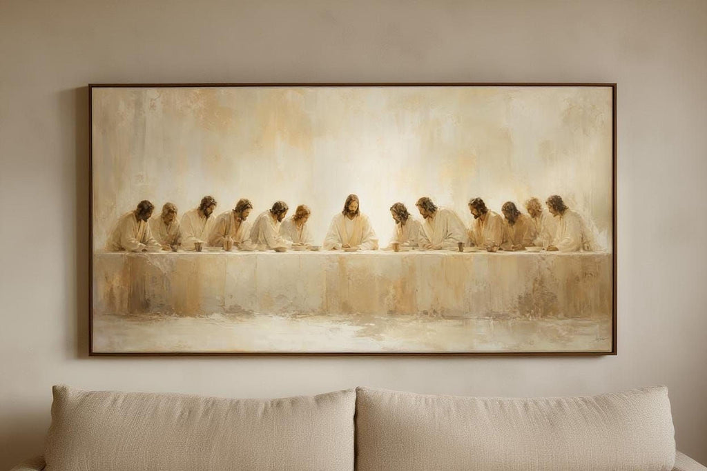 The image is a large painting depicting a group of people gathered around a long table, with a central figure, likely Jesus, seated at the table.