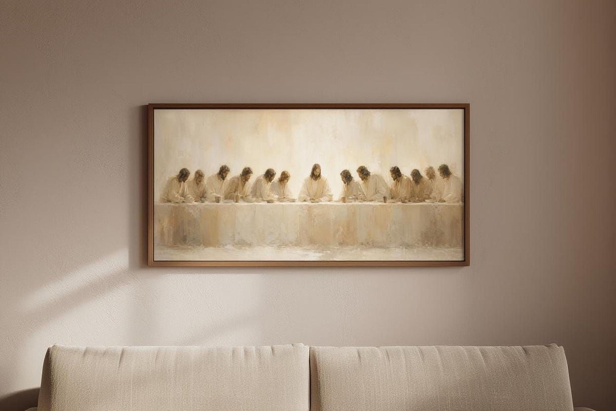 The image is a framed painting of a group of people sitting at a table, with a warm, beige color palette.