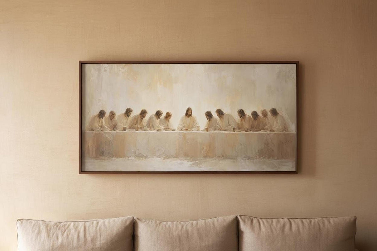 The image is a framed painting depicting a religious scene of Jesus Christ and his twelve followers, with the figures seated around a long table.