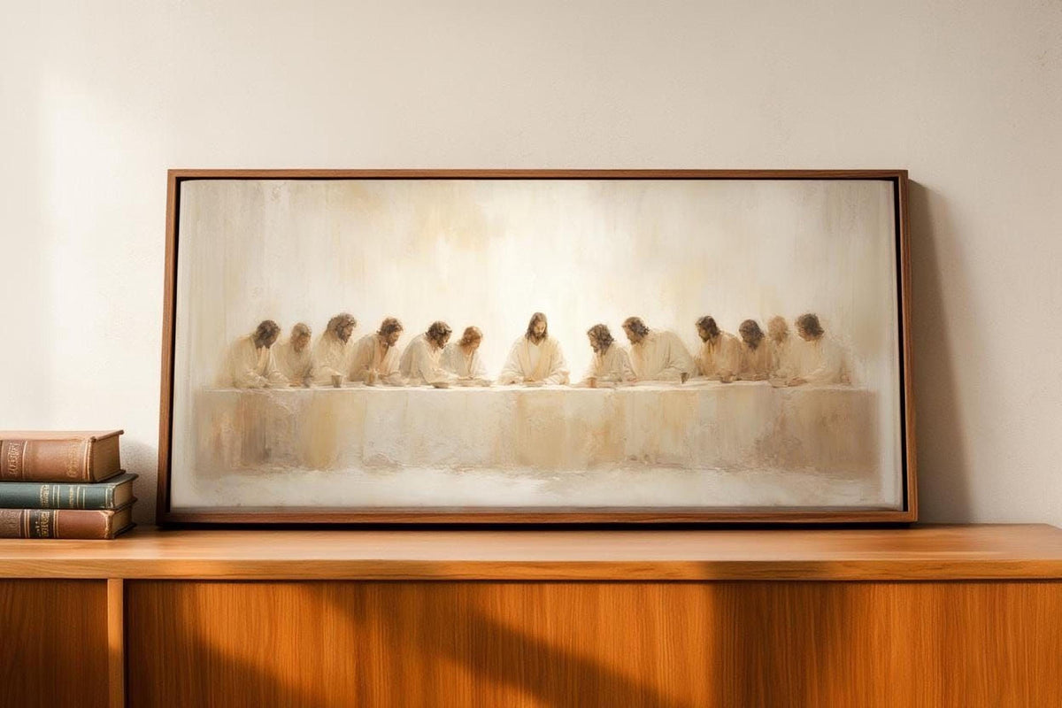 The image is a framed painting depicting a religious scene with a group of people gathered around a table, possibly during a meal or a religious event.