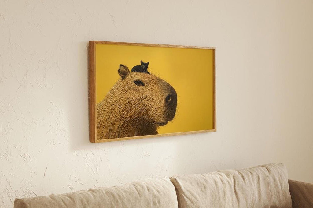 A framed photograph of a capybara, a large rodent-like animal, is hanging on a wall above a beige couch.