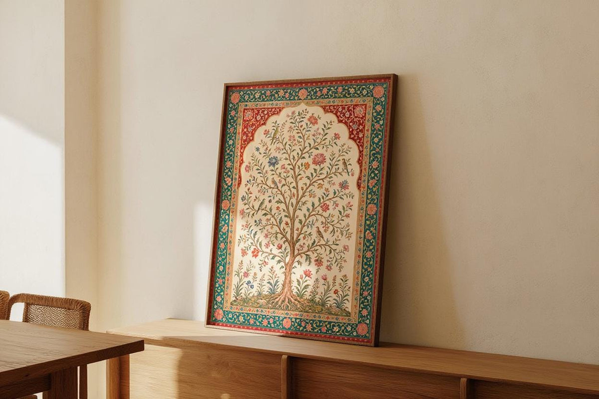 Mughal Tree of Life Wall Art, Indian Floral Art Print, Luxury Garden Decor, Vintage Botanical Bird Painting, Ethnic Islamic Poster