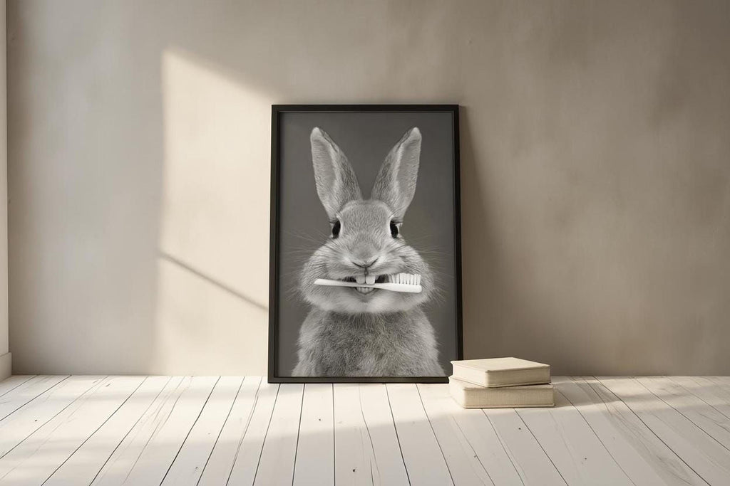 A framed black and white image of a rabbit holding a toothbrush in its mouth, standing on a wooden floor against a beige wall.
