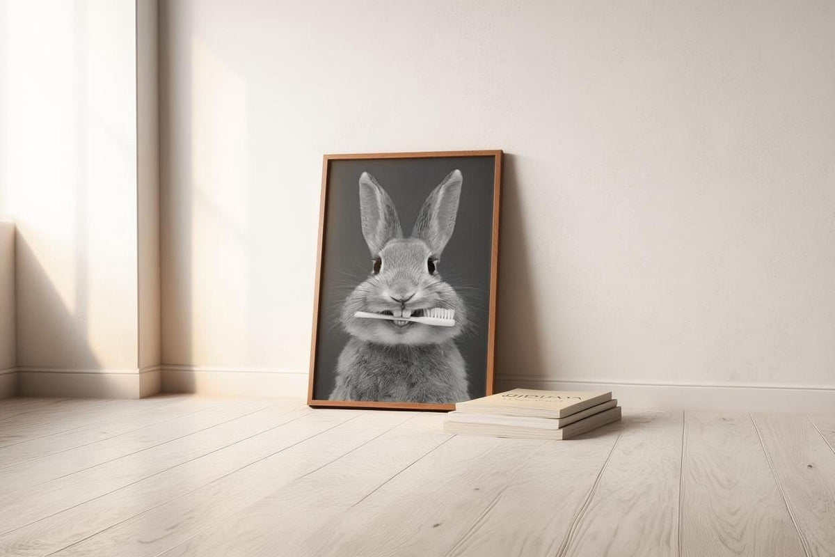 A framed black and white photograph of a rabbit holding a toothbrush in its mouth is leaning against a wall in a room with a wooden floor. Next to the photograph, there are two books stacked on top of each other.