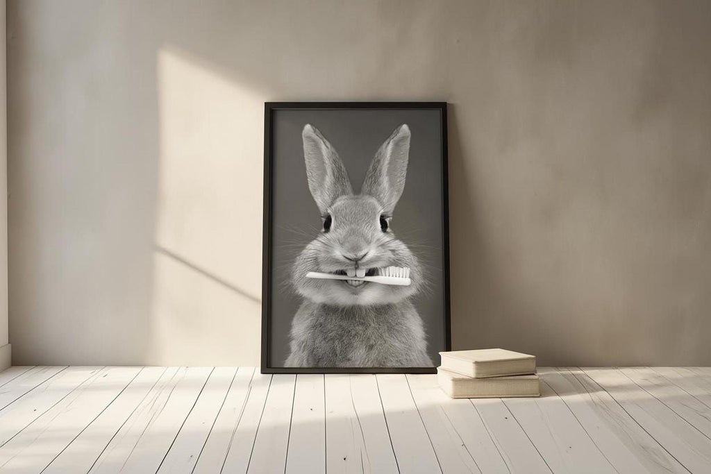 A framed black and white image of a rabbit holding a toothbrush in its mouth, standing on a wooden floor against a beige wall.