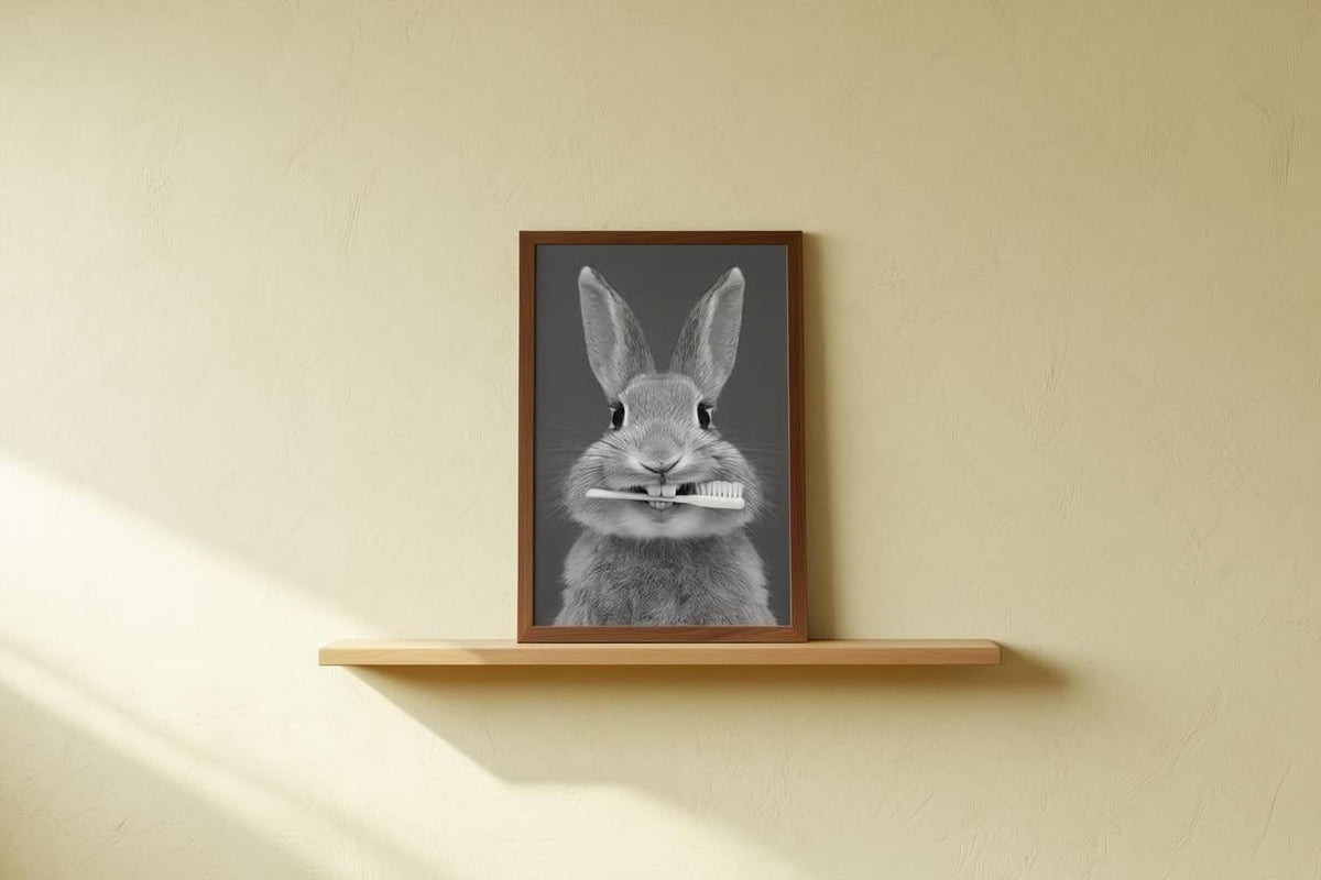 A framed black and white photograph of a rabbit holding a toothbrush in its mouth, placed on a wooden shelf against a beige wall.