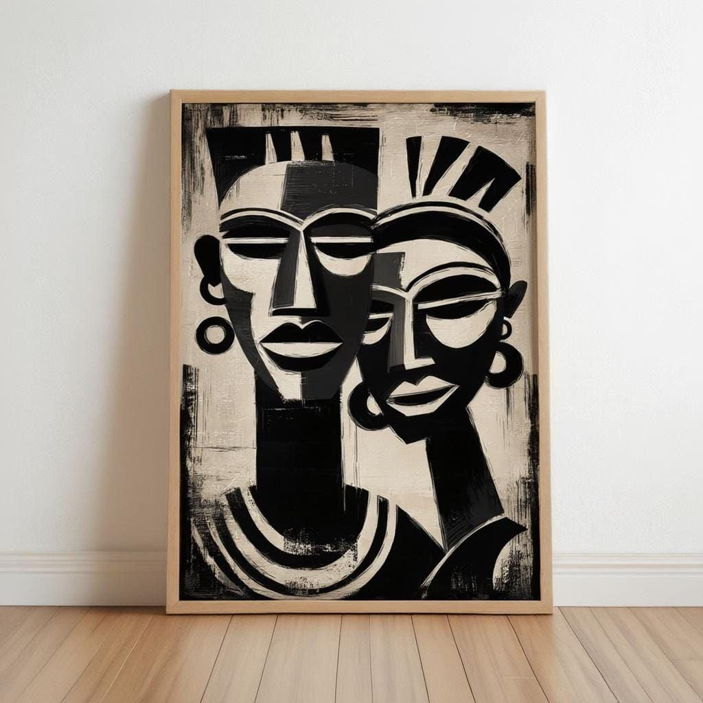 The image is a framed painting depicting two stylized human faces in a black and white color scheme.