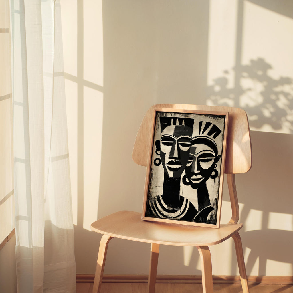 a wooden chair with a framed black and white portrait of two faces on it, placed in front of a window with white curtains.