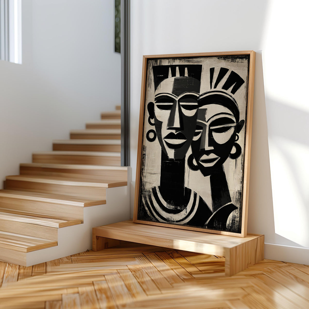 a wooden staircase with a framed artwork of two stylized human faces on the wall next to it.