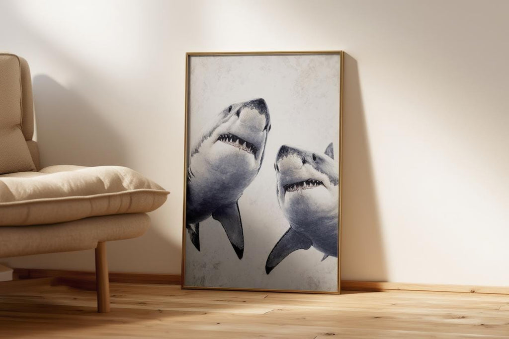 Great White Shark Painting, Whimsical Coastal Wildlife Wall Art, Modern Ocean Life Decor, Sea Creature Print, Shark Predator Canvas
