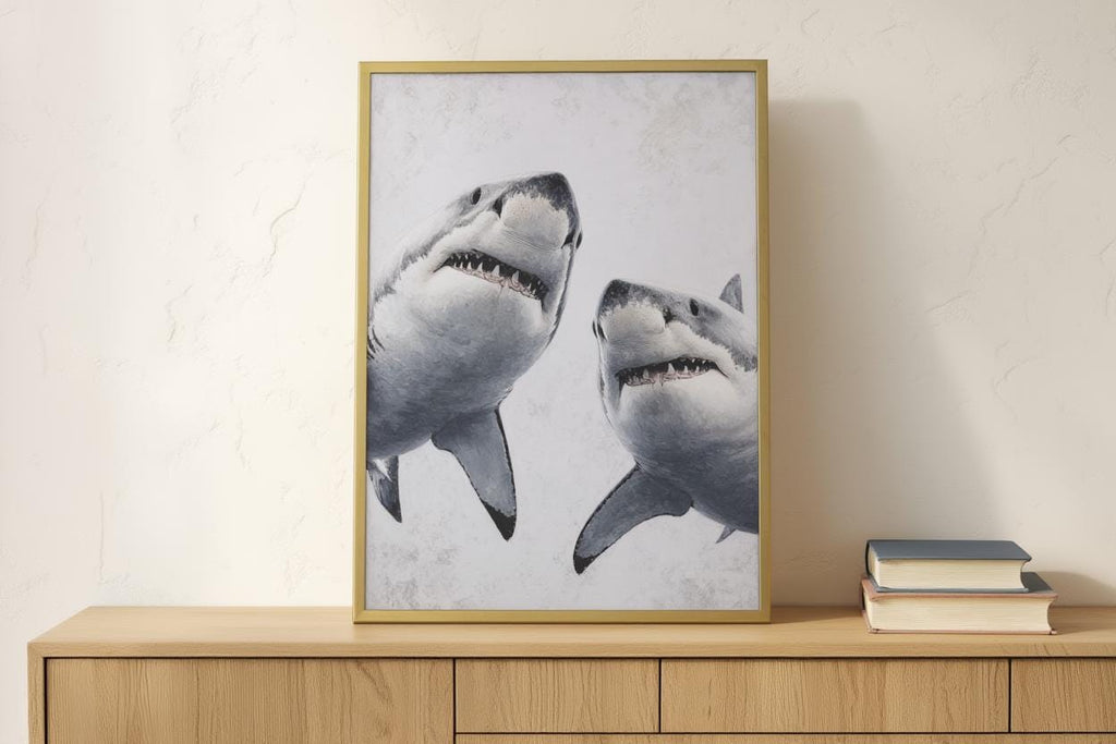 Great White Shark Painting, Whimsical Coastal Wildlife Wall Art, Modern Ocean Life Decor, Sea Creature Print, Shark Predator Canvas