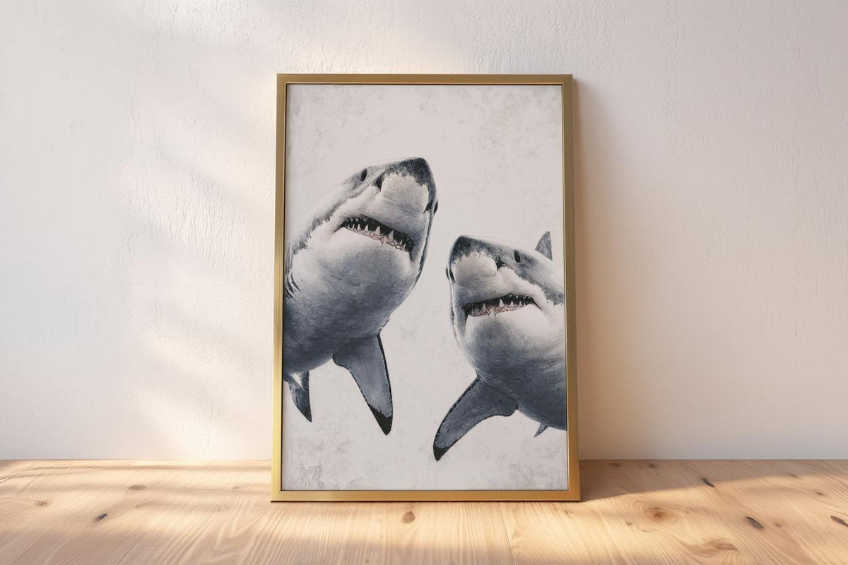 Great White Shark Painting, Whimsical Coastal Wildlife Wall Art, Modern Ocean Life Decor, Sea Creature Print, Shark Predator Canvas