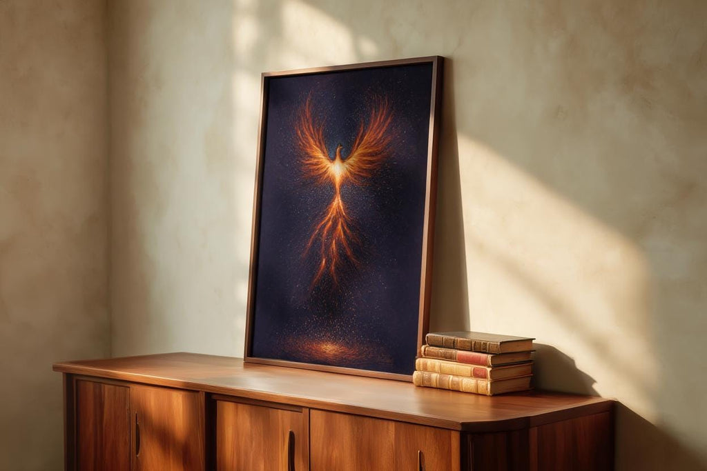 Rising Phoenix Wall Art, Fantasy Fire Bird Print, Mythological Creature Poster, Cosmic Firebird Painting