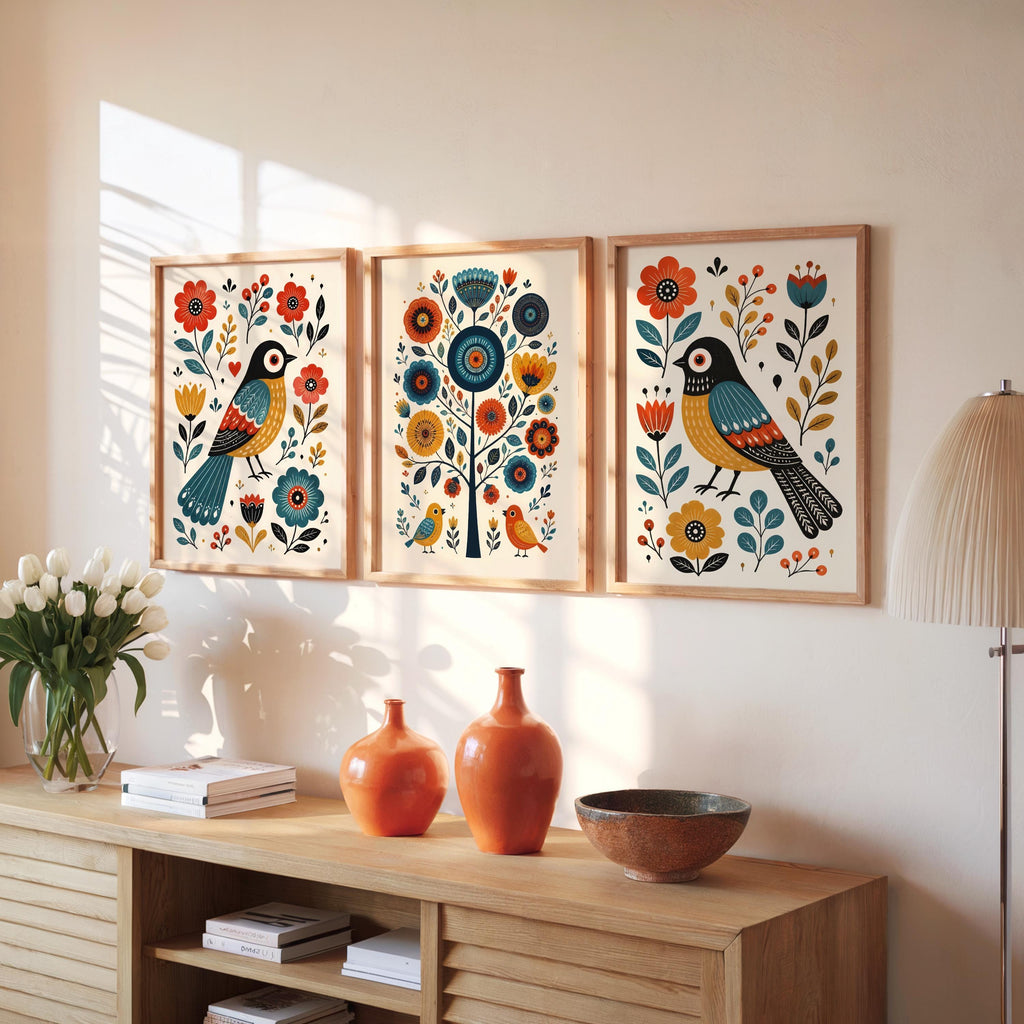 Scandinavian Folk Art Bird Prints, Whimsical Nursery Wall Art Set of 3, Playful Hygge Pattern Poster, Nordic Floral Panels, Rosemaling Decor