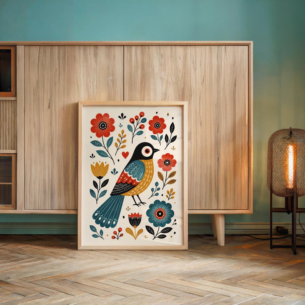 Scandinavian Folk Art Bird Prints, Whimsical Nursery Wall Art Set of 3, Playful Hygge Pattern Poster, Nordic Floral Panels, Rosemaling Decor
